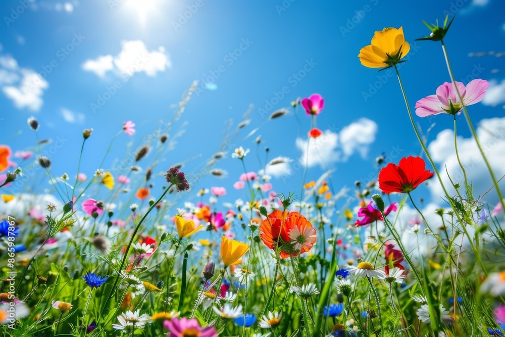 A field of flowers with a blue sky in the background A field of flowers with a blue sky in the background