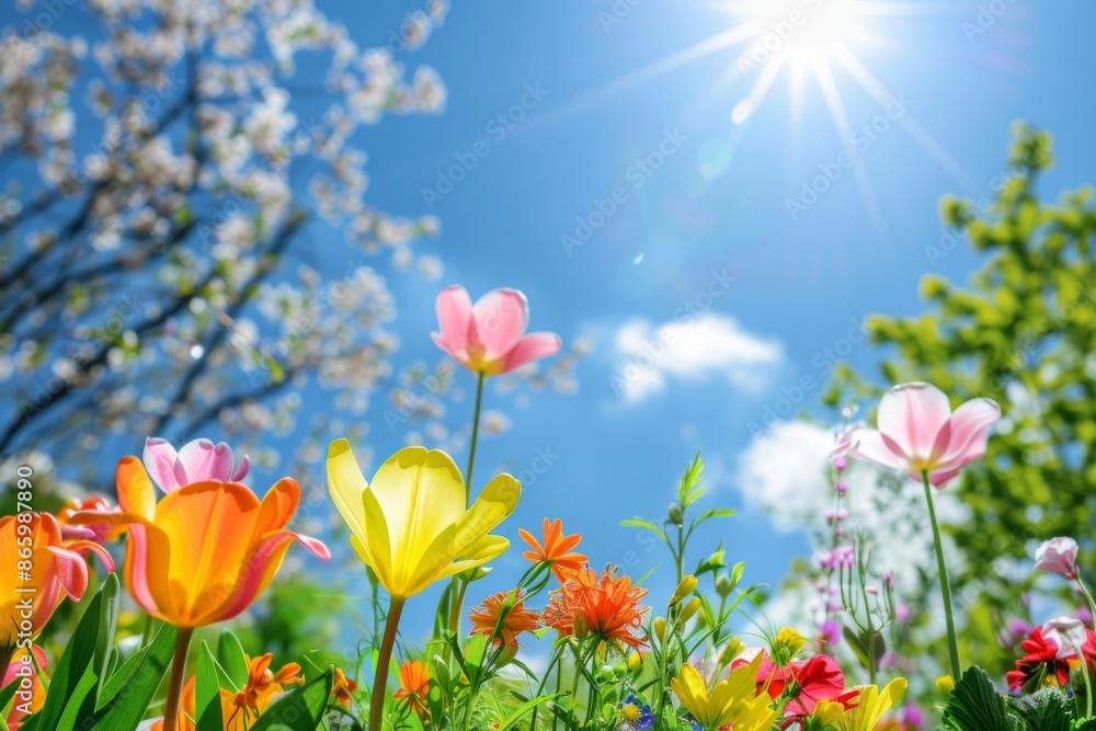 A field of flowers with a blue sky in the background A field of flowers with a blue sky in the background