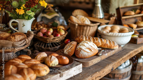 Rustic bread display with eggs, apples, and flowers on wooden table in a cozy kitchen