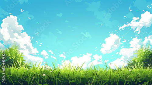 Vibrant field with lush green grass under a bright blue sky filled with fluffy white clouds and flying birds.