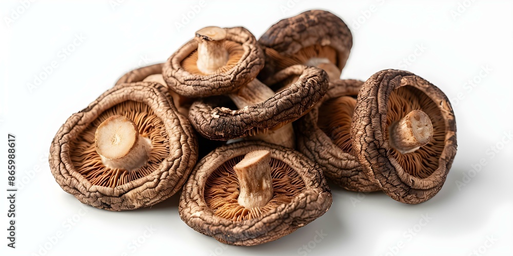 Isolated Shiitake Mushrooms on White Background Dried Organic Gourmet Cooking Ingredient. Concept Food Photography, Ingredient Showcase, Gourmet Cuisine, Culinary Art, Organic Produce Isolated Shiitake Mushrooms on White Background Dried Organic Gourmet Cooking Ingredient. Concept Food Photography, Ingredient Showcase, Gourmet Cuisine, Culinary Art, Organic Produce