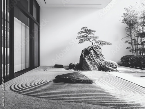 Serene Japanese Zen Garden with Raked Sand and Bonsai Tree in Minimalist Setting photo