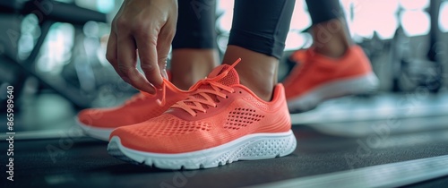 Woman Tying Running Shoe Laces on Treadmill at Gym