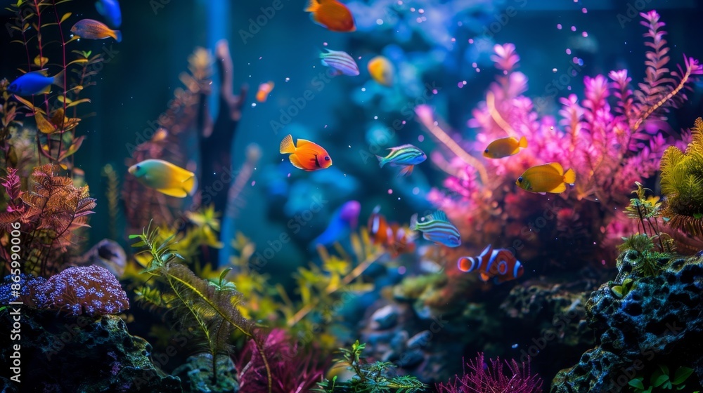 Vibrant Bohemian Aquarium Lighting with Backlighting and Depth of Field from High Angle Perspective Vibrant Bohemian Aquarium Lighting with Backlighting and Depth of Field from High Angle Perspective