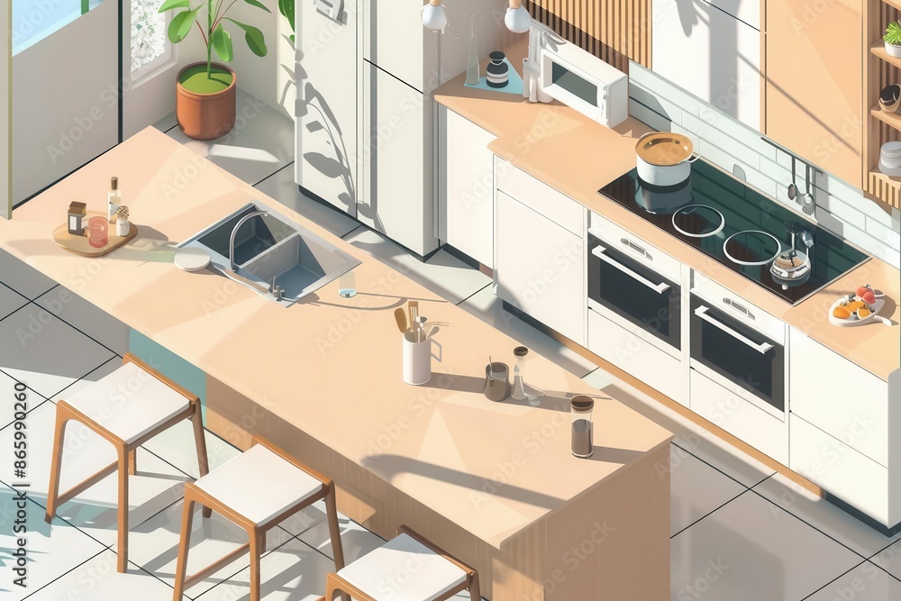 kitchen showcasing a minimalist style, including an island, modern appliances, essential kitchenware, clear layout, depth and perspective kitchen showcasing a minimalist style, including an island, modern appliances, essential kitchenware, clear layout, depth and perspective
