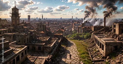 aerial view of medieval urban city town with tall buildings, houses, and towers cityscape. fantasy ancient european wasteland style.