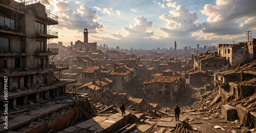 aerial view of medieval urban city town with tall buildings, houses, and towers cityscape. fantasy ancient european wasteland style.