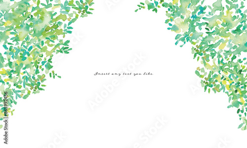 水彩画。夏の新緑風景。森の木々ベクターイラスト。エコイメージの新緑背景。Watercolor painting. Summer fresh green landscape. Forest trees vector illustration. Eco-image fresh green background.