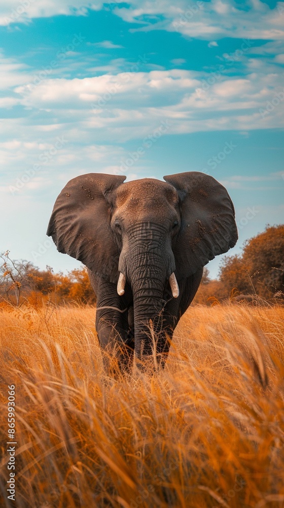 Naklejka premium African Elephant Walking Through Tall Grass Under a Blue Sky