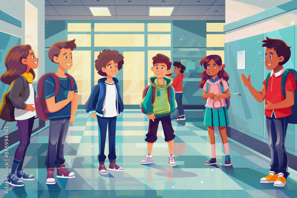 group of children are walking down a hallway in a school. They are all smiling and seem to be having a good time group of children are walking down a hallway in a school. They are all smiling and seem to be having a good time