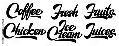 Set of various inscriptions of fast food products for the menu. Vector monochrome template