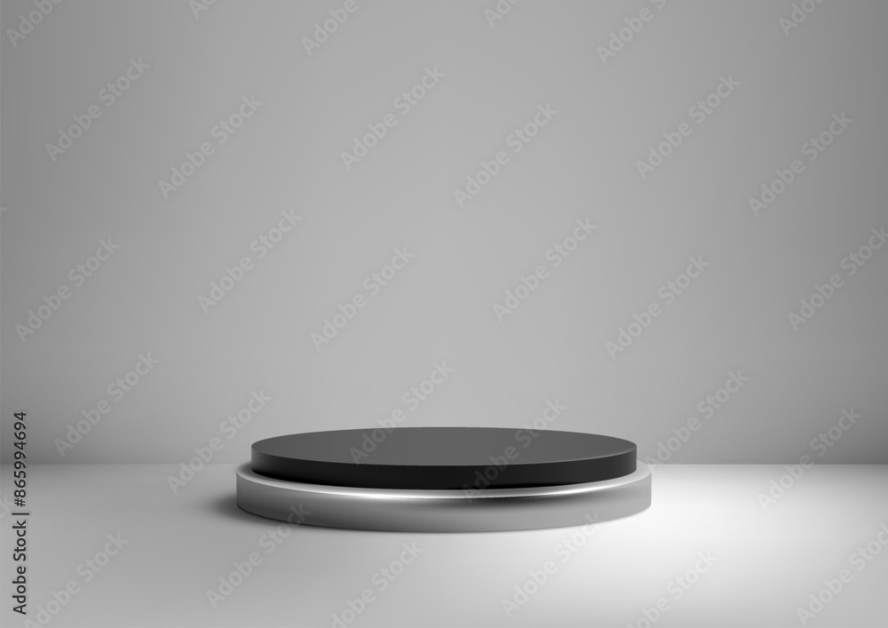 Minimal 3D Black Podium with Elegant Silver Sheen in Front of White Wall for Mockup Minimal 3D Black Podium with Elegant Silver Sheen in Front of White Wall for Mockup