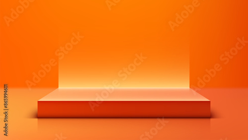 Modern 3D Red Podium on Bright Orange Background with Glowing Light, Minimalist Style Product Display