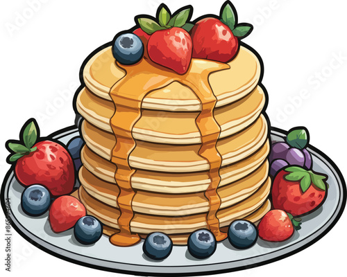 Delicious Pancakes butter and Syrup with Fruits Clipart Vector Illustrations 