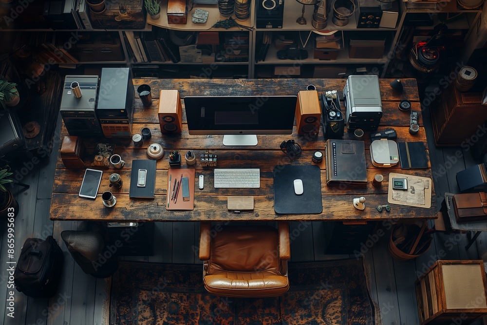 Top view office desk of a digital native working person, Top view office desk of a digital native working person,