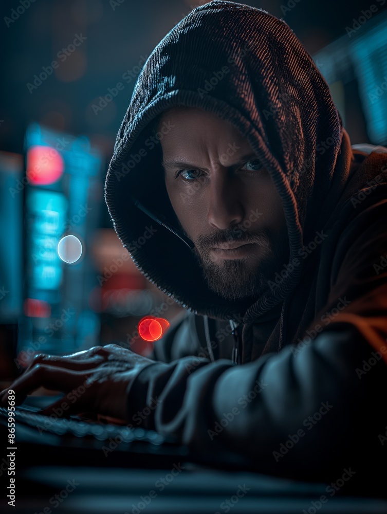 hacker in a room typing on a keyboard surrounded by various displays with a grim face expression hacker in a room typing on a keyboard surrounded by various displays with a grim face expression