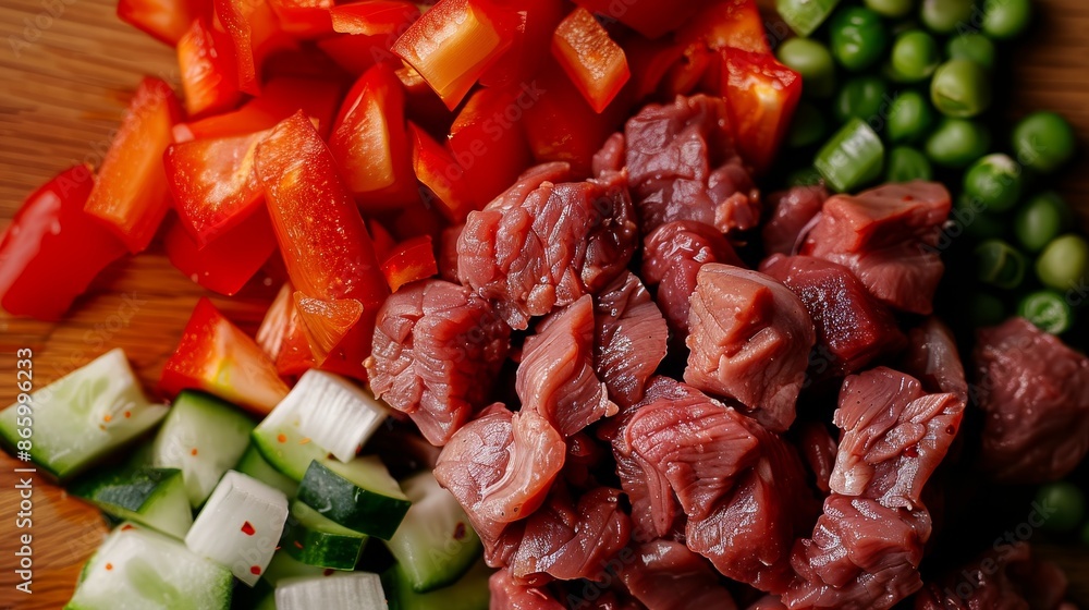 Chopped meat alongside a variety of vegetables, ready for the recipe, detailed textures, vibrant kitchen setup Chopped meat alongside a variety of vegetables, ready for the recipe, detailed textures, vibrant kitchen setup