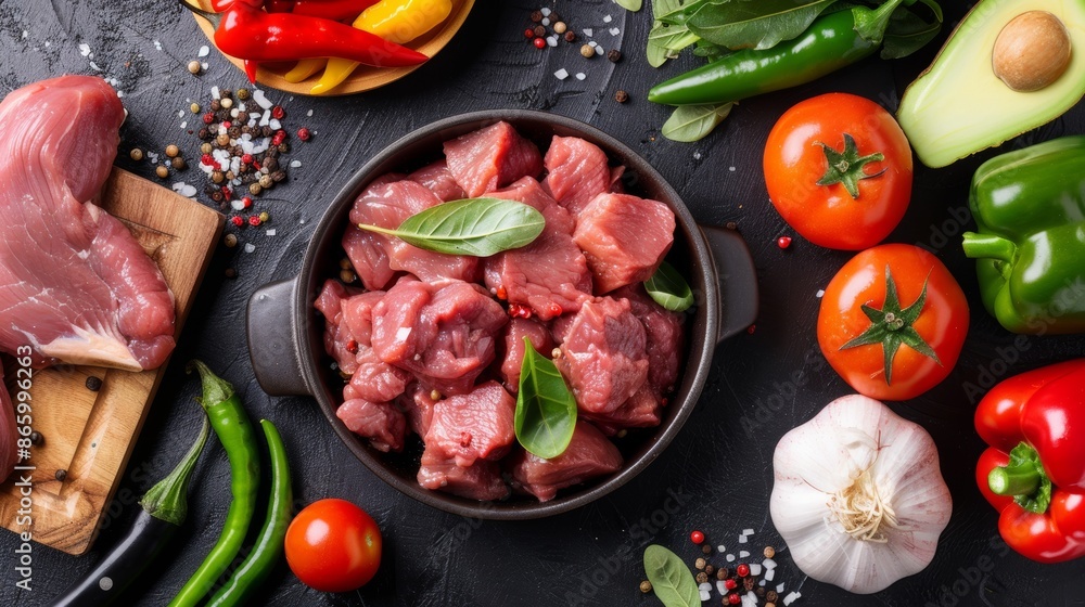 Chopped meat alongside a variety of vegetables, ready for the recipe, detailed textures, vibrant kitchen setup Chopped meat alongside a variety of vegetables, ready for the recipe, detailed textures, vibrant kitchen setup