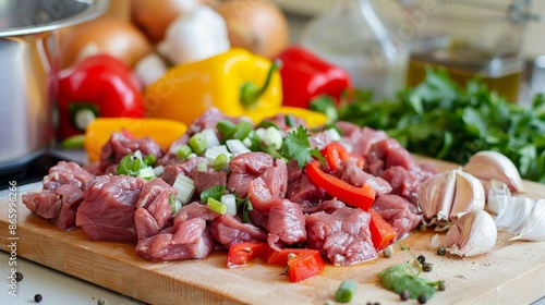 Chopped meat and colorful vegetables arranged on a cutting board, ready for cooking, detailed and vibrant, kitchen scene