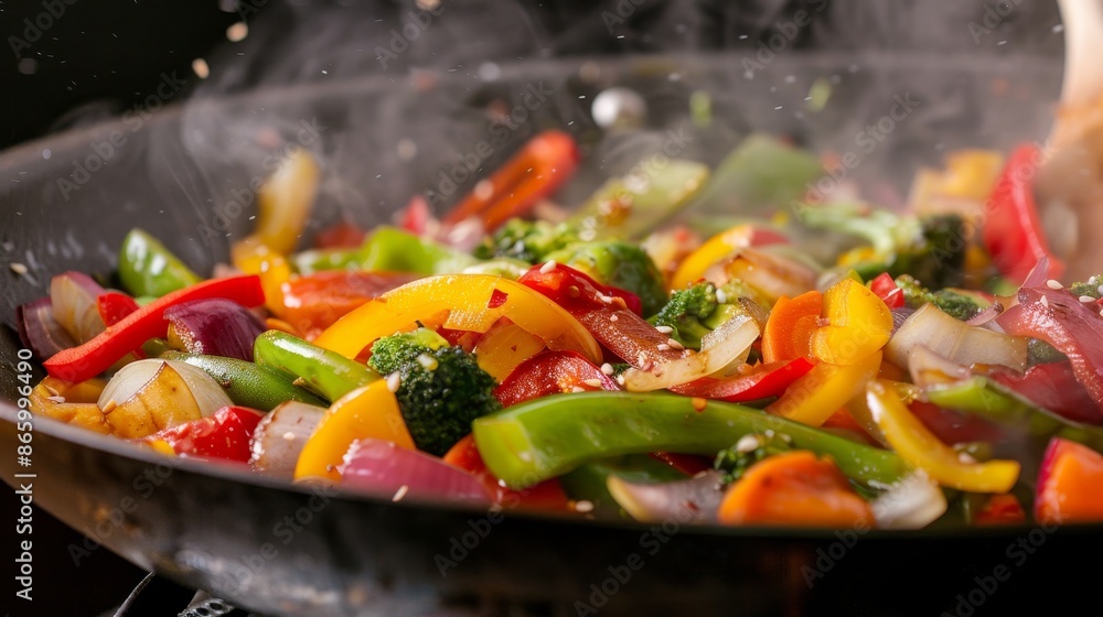 Close-up of a sizzling pan, assorted vegetables being stir-fried, vibrant colors, steam and sizzle, detailed textures, delightful cooking scene Close-up of a sizzling pan, assorted vegetables being stir-fried, vibrant colors, steam and sizzle, detailed textures, delightful cooking scene