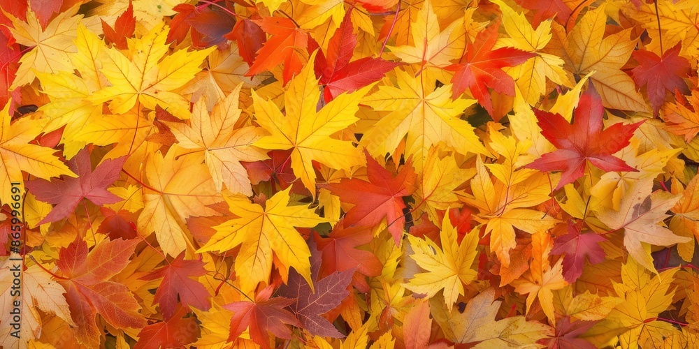 Top-down view of colorful maple leaves in autumn, capturing the vibrant and diverse hues of the fall season. Top-down view of colorful maple leaves in autumn, capturing the vibrant and diverse hues of the fall season.