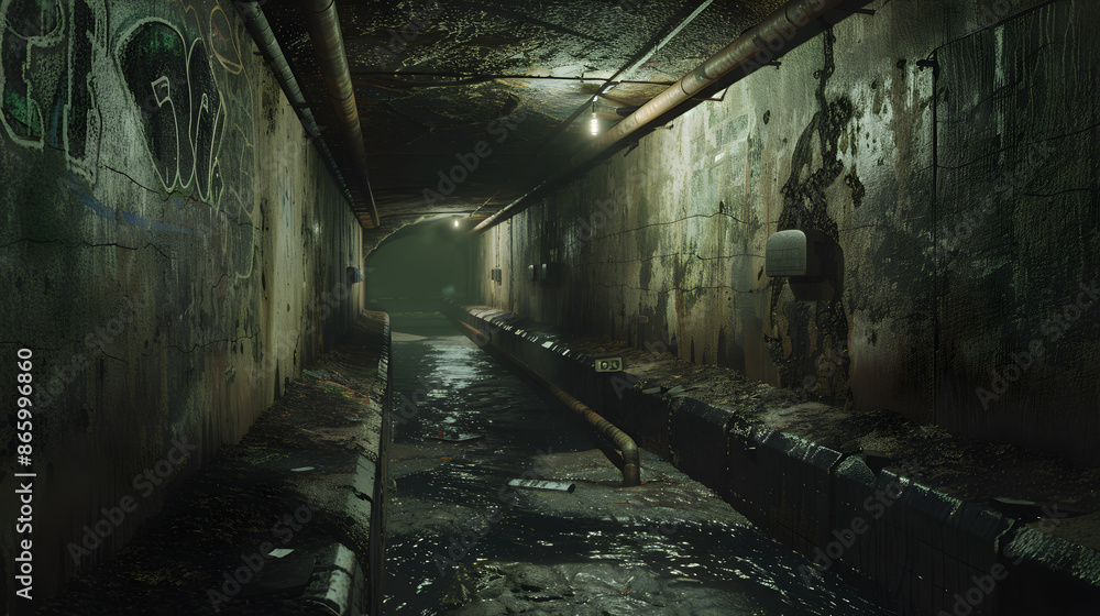 Eerie Underground Sewer System with Murky Water and Flickering Light Creating a Mysterious Atmosphere Eerie Underground Sewer System with Murky Water and Flickering Light Creating a Mysterious Atmosphere