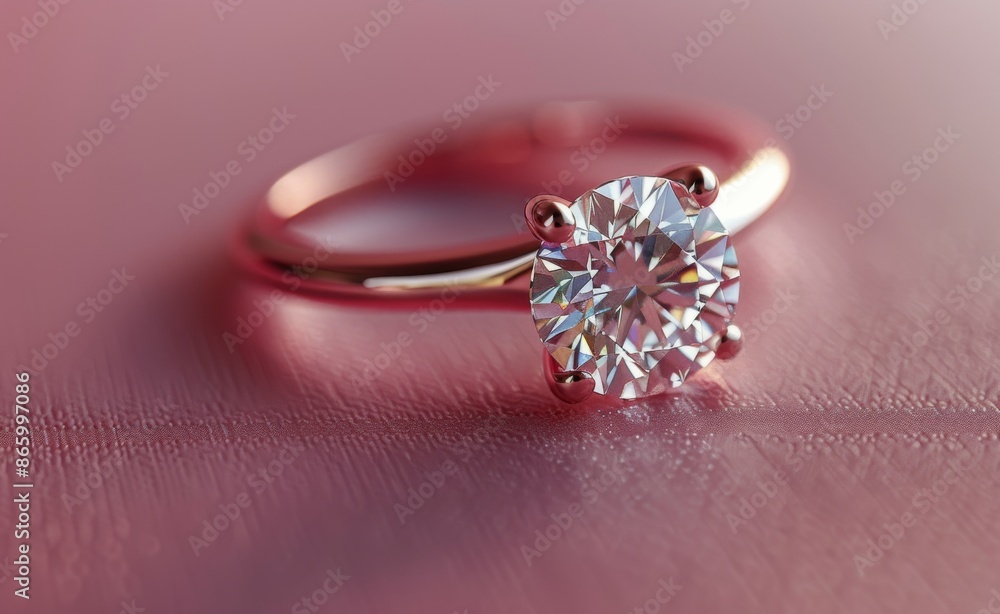 Close Up of a Diamond Engagement Ring on a Pink Surface Close Up of a Diamond Engagement Ring on a Pink Surface