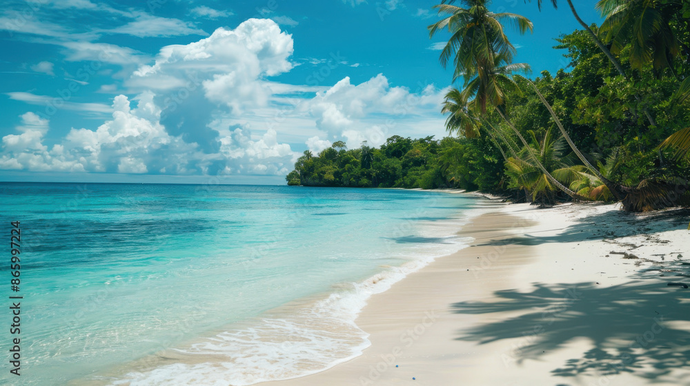 custom made wallpaper toronto digitalTropical beach with crystal-clear water, white sand, palm trees, and lush greenery under a bright blue sky