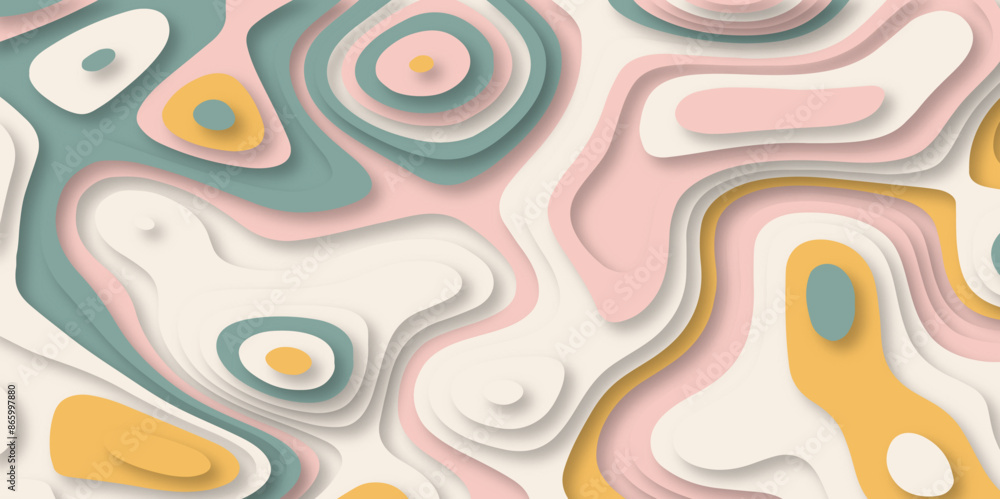 Multicolor abstract paper cut out shape background. Pastel color multi layer topography contour curve and wavy 3d paper cut Multicolor abstract paper cut out shape background. Pastel color multi layer topography contour curve and wavy 3d paper cut