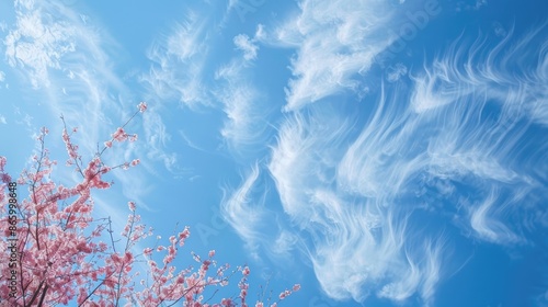 Blue sky with cirrus clouds and pink cherry blossoms in the background photo