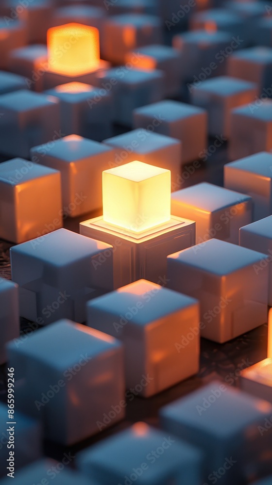 A single illuminated cube stands out amongst rows of white cubes A single illuminated cube stands out amongst rows of white cubes