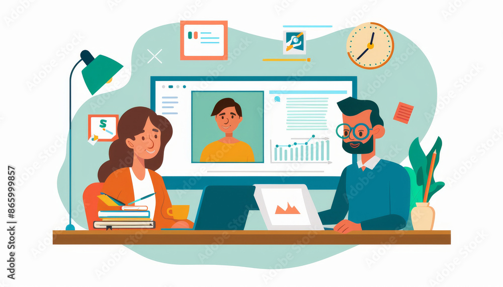 Fototapeta premium Modern Online Tutoring: Student and Tutor Collaborating in Virtual Workspace with Real-Time Tools and Digital Notebooks