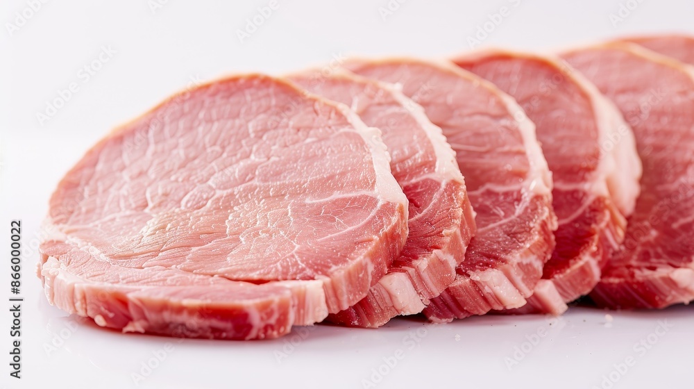 Detailed close-up of freshly sliced raw pork loin, ready for cooking, marbled meat, clean and pristine kitchen setting Detailed close-up of freshly sliced raw pork loin, ready for cooking, marbled meat, clean and pristine kitchen setting