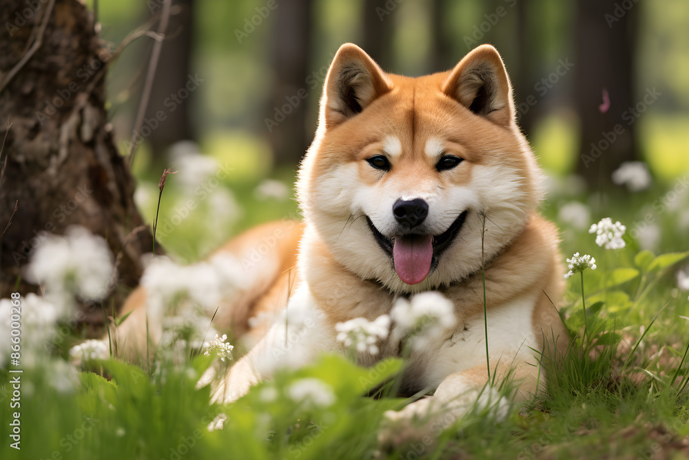 Gorgeous, Playful and Majestic Akita Dog in a Vibrant Outdoor Setting Displaying Breed's Unique Traits. Gorgeous, Playful and Majestic Akita Dog in a Vibrant Outdoor Setting Displaying Breed's Unique Traits.
