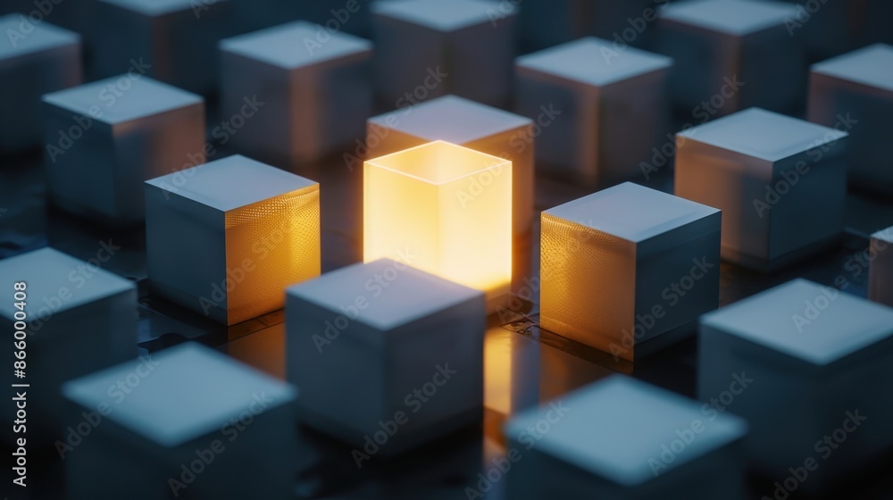 A single cube glows brightly amidst a field of gray cubes A single cube glows brightly amidst a field of gray cubes