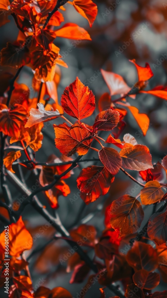Vibrant red autumn leaves on branches in nature. Seasonal background of fall foliage with red leaves. Vibrant red autumn leaves on branches in nature. Seasonal background of fall foliage with red leaves.