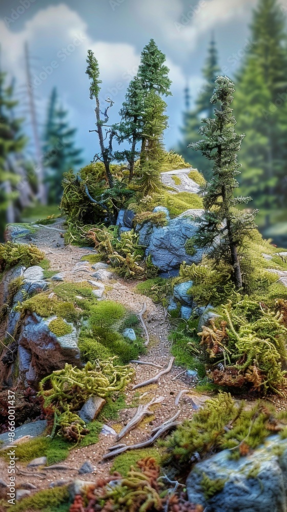 Miniature Forest Landscape with Trees, Rocks, and a Winding Path. A Detailed Diorama for Fantasy or Model Train Enthusiasts Miniature Forest Landscape with Trees, Rocks, and a Winding Path. A Detailed Diorama for Fantasy or Model Train Enthusiasts