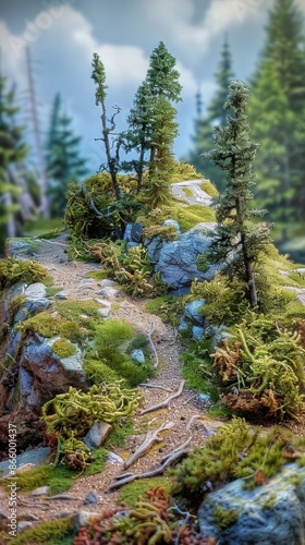 Miniature Forest Landscape with Trees, Rocks, and a Winding Path. A Detailed Diorama for Fantasy or Model Train Enthusiasts