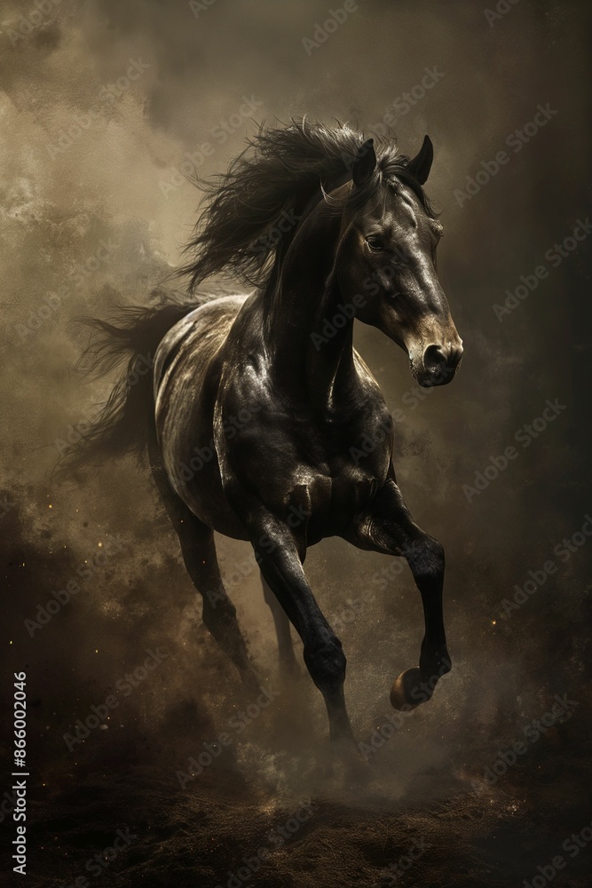 Black Horse Running Through Dust Cloud Black Horse Running Through Dust Cloud