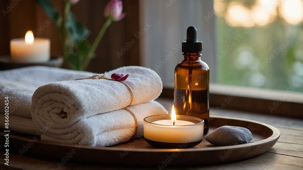 Relaxing home spa scene with white towels, lit candles, bottle of essential oil. Perfect for creating tranquil atmosphere. Spa aesthetic Relaxing home spa scene with white towels, lit candles, bottle of essential oil. Perfect for creating tranquil atmosphere. Spa aesthetic