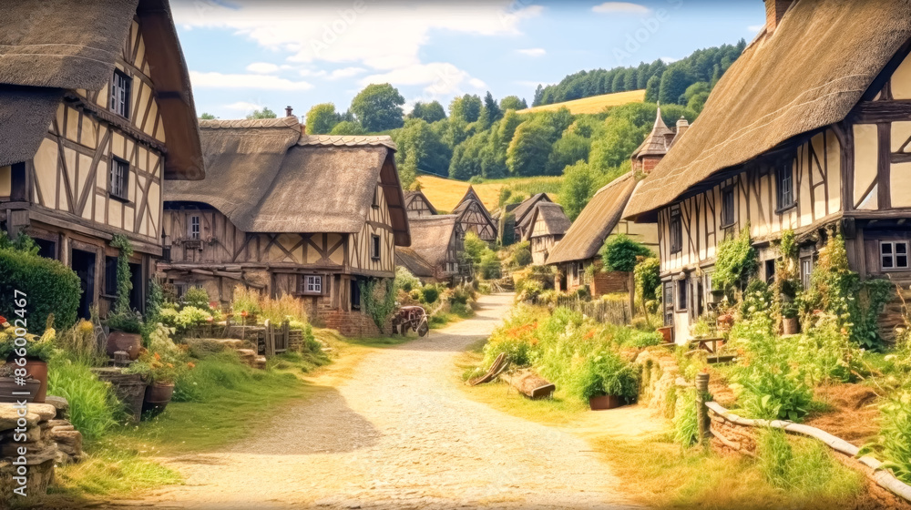 A small village with houses made of wood and straw. A small village with houses made of wood and straw.