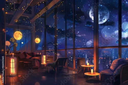 A sky lounge on a starry night with twinkling lights, cozy vibe, Generative AI