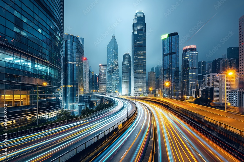 Bustling metropolis with traffic at twilight Bustling metropolis with traffic at twilight