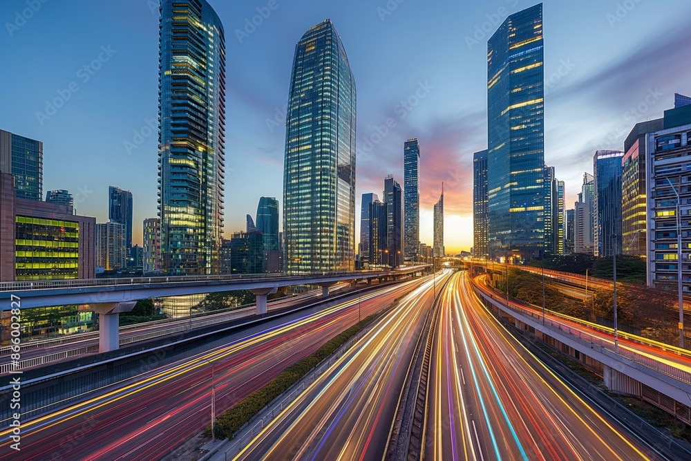 Bustling metropolis with traffic at twilight Bustling metropolis with traffic at twilight