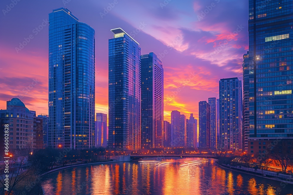 Fototapeta premium Bustling metropolis with traffic at twilight