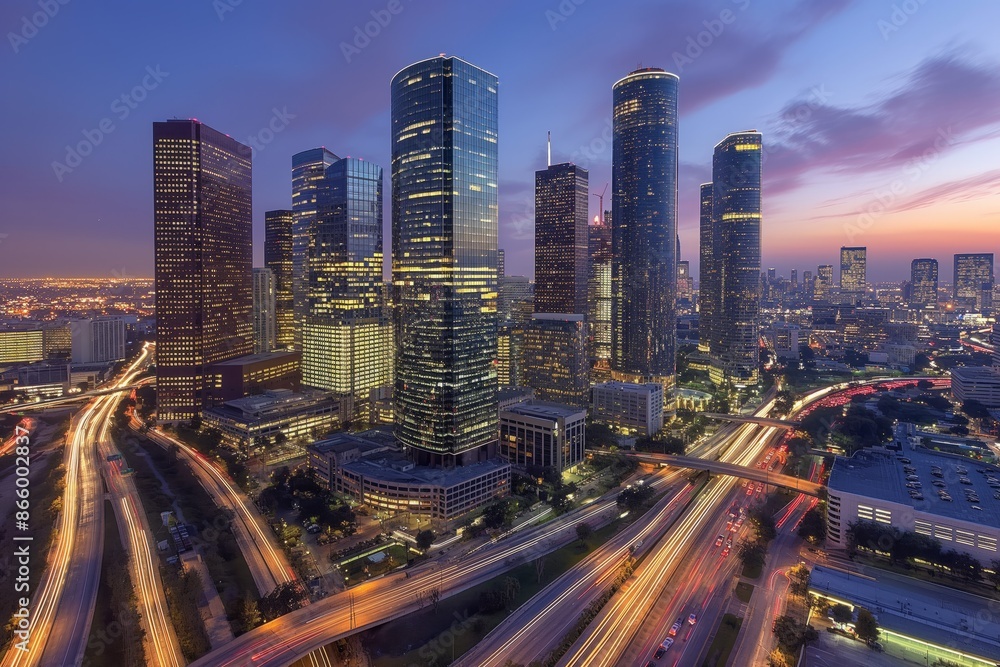 Fototapeta premium Bustling metropolis with traffic at twilight