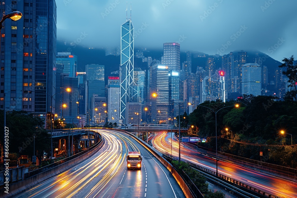 Fototapeta premium Bustling metropolis with traffic at twilight
