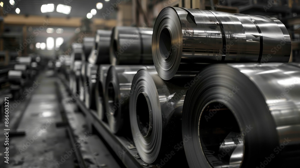 Rows of rolled metal sheets in a factory
