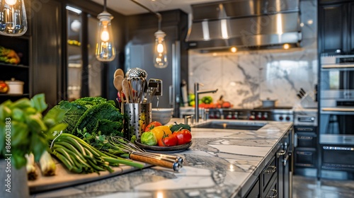 Modern kitchen with fresh vegetables on marble countertop