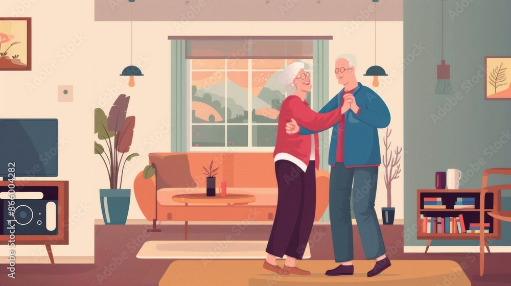 Dancing through Life: An illustration of a loving elderly couple twirling and laughing together in their cozy living room, capturing the joy and intimacy of a long and happy marriage. Dancing through Life: An illustration of a loving elderly couple twirling and laughing together in their cozy living room, capturing the joy and intimacy of a long and happy marriage.